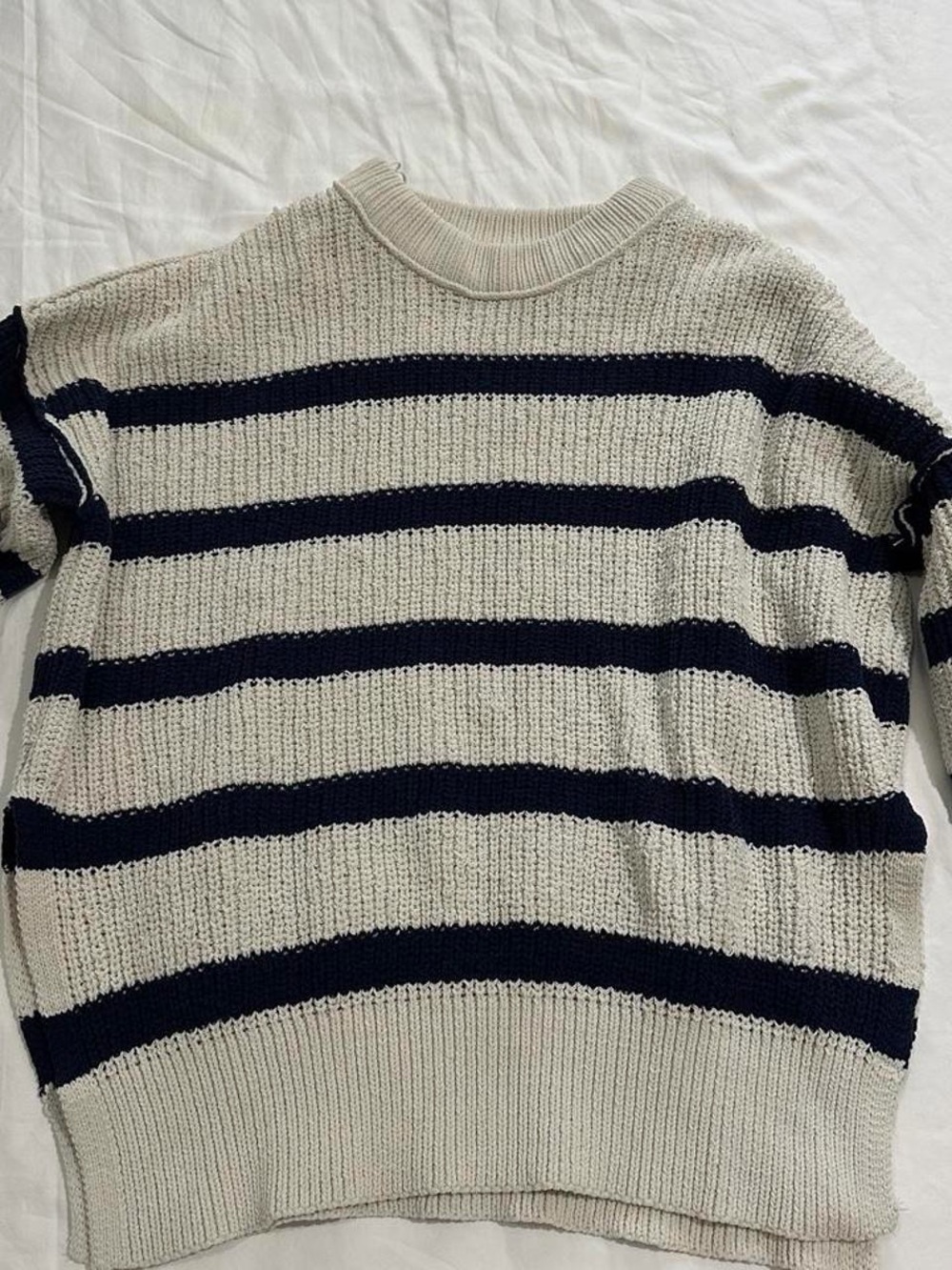 aerie Cream and Navy Striped Crewneck Sweater